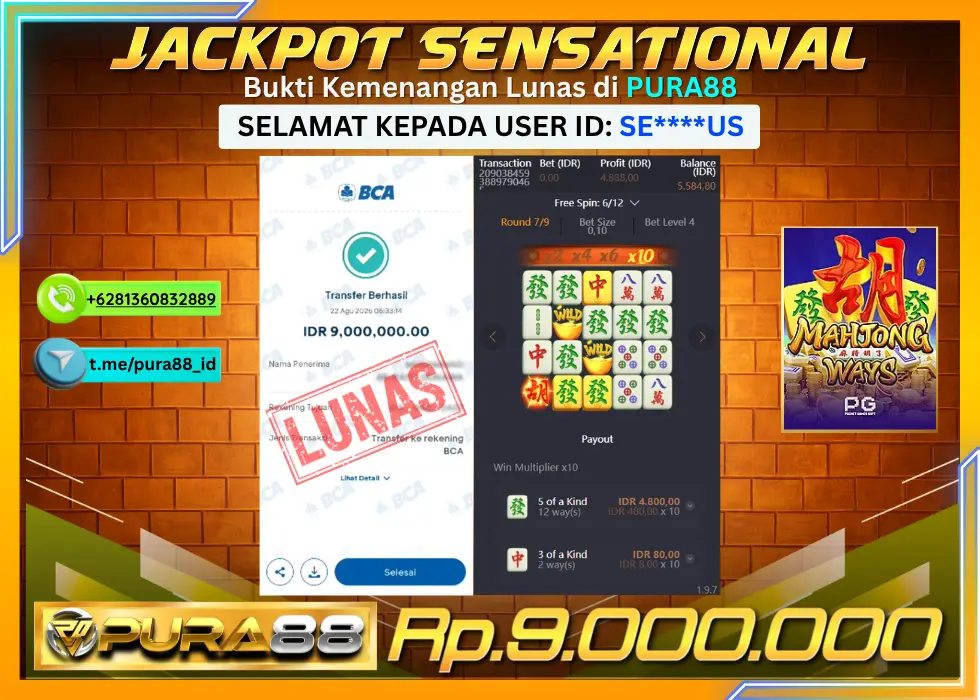PURA88 JACKPOT MAHJONG WAYS Rp 9.000.000,- LUNAS